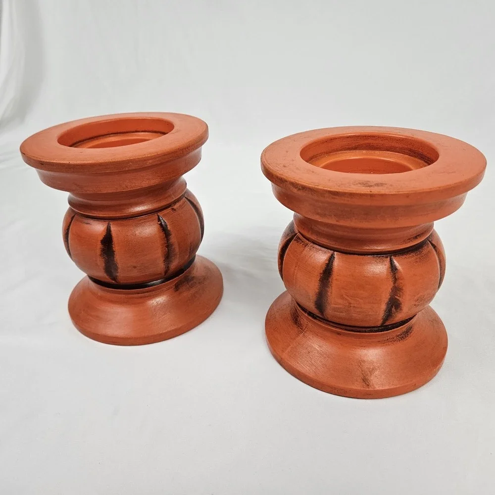 Vintage Boho Pillar Candle Holders Retro Orange Pottery 1960's Japan MCM